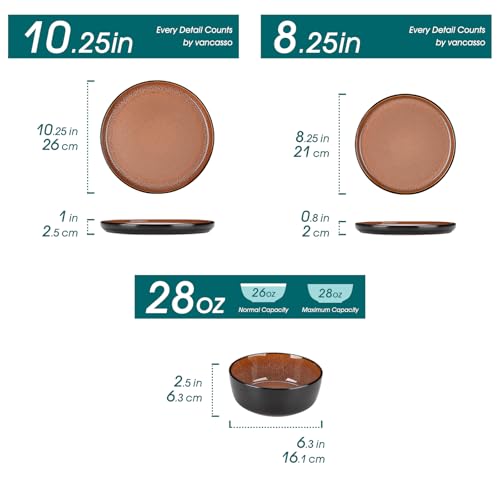 vancasso Plates and Bowls Sets, 24 Pieces Stoneware Dinnerware Sets for 8, Kitchen Dish Set Mircowave and Dishwasher Safe Ceramic Dishware, Dark Brown, Series AMBER - color: Brown