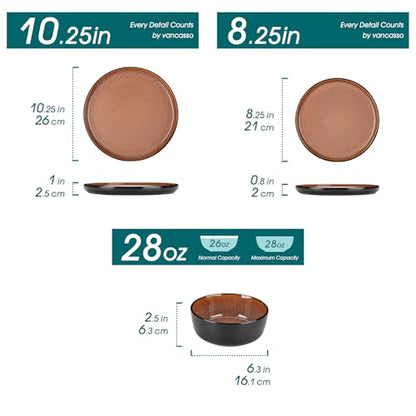 vancasso Plates and Bowls Sets, 24 Pieces Stoneware Dinnerware Sets for 8, Kitchen Dish Set Mircowave and Dishwasher Safe Ceramic Dishware, Dark Brown, Series AMBER - color: Brown
