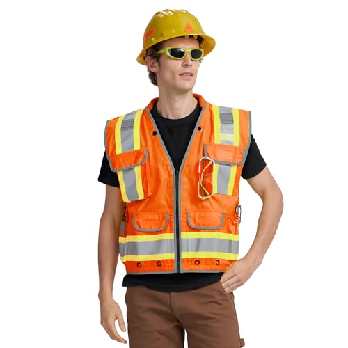 AYKRM Heavy Woven cotton High Vis Reflective work construction safety vest for men Class 2 with ipad Cargo Back Pocket - color: Orange, size: Large