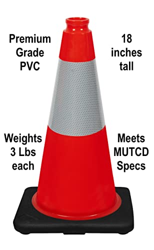 (Set of 5) CJ Safety 18" inch Heavy Duty Black Base Orange PVC Traffic Safety Cones with 6' Reflective Collar for Parking, Traffic control, Driver Training - 3 Lbs each (5 pack Cones) - size: 5 Cones