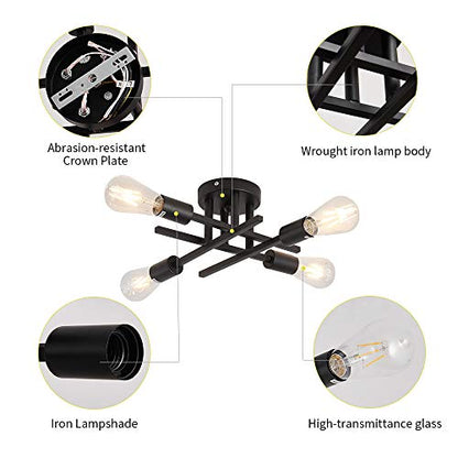 ZGLAOJT Semi Flush Mount 4 Light Ceiling Light Matte Black with E26 Base Modern Chandelier for Farmhouse Kitchen Dining Room Bedroom Study Living Room. - color: Black, size: 4-Light