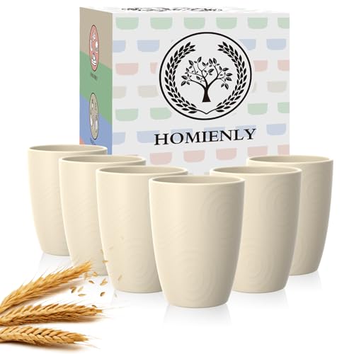 Homienly Plastic Cups Alternative 12oz - Wheat Straw Cups Set of 6 Reusable & Unbreakable Drinking Glasses Dishwasher & Microwave Safe Cups for Everyday Use-Beige - color: Beige, size: 12 Ounces