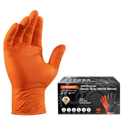 ANBOSON 10 Mil Heavy Duty Diamond Texture Nitrile Gloves, Medium, 100 Ct - color: Orange of 100, size: Medium