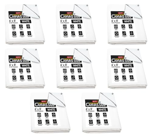 8 Pack 6' x 8' White Canvas Tarp 12oz - Water Resistant & Breathable - Heavy Duty Tarps - Multipurpose Tarpaulin Cover for Camping Tent - color: White (8 Pcs), size: 6' x 8'