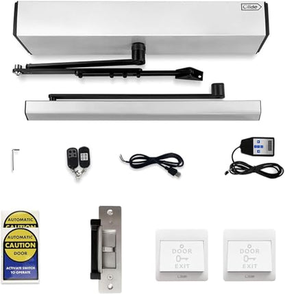 Auto Swing Door Operator Machine, Door Closer Automatic Residential Swing Open with 2PCS Exit Plastic Buttons and 1PCS Stainless Steel Lock Mode Adjustable Electric Lock