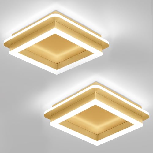 CANEOE 2 Packs Square Modern LED Light Fixture, 24W Black Flush Mount Hallway Light, Small Close to Ceiling Lamp for Living Room, Bedroom, Kitchen, Balcony, Cloakroom (All Gold, 2 Packs) - color: All Gold, size: 2 Packs