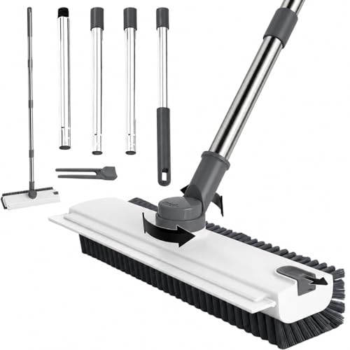 3 in 1 Floor Scrub Brush,Floor Scrubber with Squeegee and Tweezer, Push Broom with Long Handle,Heavy-Duty Stiff 90° Bristle Broom for Patio,Shower, Garage,Deck,Tile, Concrete & Wood Surface (White) - color: White