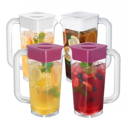CURTA 4 Pack 2L/68 oz Plastic Pitcher with Lid & Handle, Large Capacity Water Jug with Measurement Marks, Clear Fridge Pitcher for Iced Tea, Juice, Lemonade & Cold Beverages - color: White-red-4pack