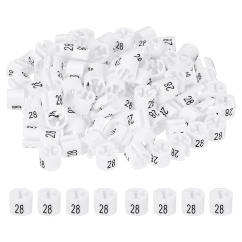 PATIKIL 100 Pcs Clothes Hanger Markers, Number 28 Tag Fit 3mm Rod Garment Size Hanger Clips Color Coding Label for Clothing Hangers, White - size: Number 28