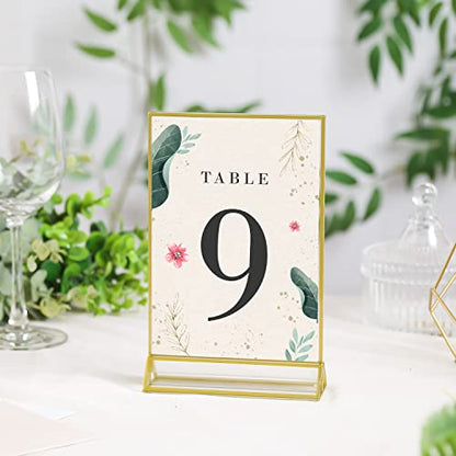 UNIQOOO Acrylic Sign Holders with Golden Border, Portrait View, Pack of 12 | 5x7 Double Sided Clear Frame, Perfect for Wedding reception, Centerpiece, Decoration, Party,Anniversary, Event - size: 5x7",12Pack