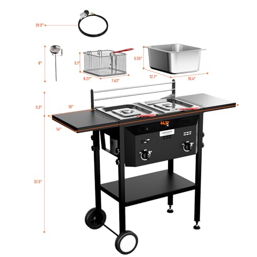 ROVSUN Outdoor Deep Fryer with 8QT & 8QT Stainless Steel Tank & Basket, Portable Propane Gas Fryer with Rolling Cart, Storage Shelves, Lids & Thermometer for Outdoor Backyard Cooking Frying