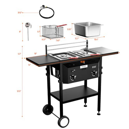 ROVSUN Outdoor Deep Fryer with 8QT & 8QT Stainless Steel Tank & Basket, Portable Propane Gas Fryer with Rolling Cart, Storage Shelves, Lids & Thermometer for Outdoor Backyard Cooking Frying