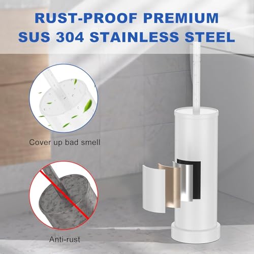 304 Stainless Steel Toilet Brush and Holder Set, Heavy Duty Toilet Bowl Brush and Holder with Removable Inner Bowl, Splash Protection, Long Handle for Bathroom - color: Matte White