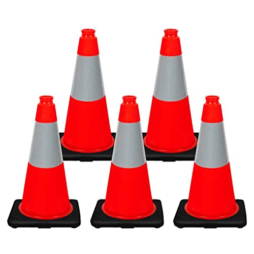 (Set of 5) CJ Safety 18" inch Heavy Duty Black Base Orange PVC Traffic Safety Cones with 6' Reflective Collar for Parking, Traffic control, Driver Training - 3 Lbs each (5 pack Cones) - size: 5 Cones