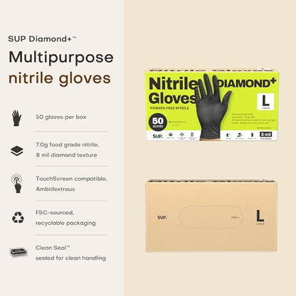 SUPER+ Disposable Nitrile Gloves, 8 Mil Diamond Powder-Free Latex-Free Food Safe Chemical Resistant Heavy Duty, Black 500 Ct - color: Large (Black)