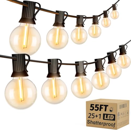 OHLUX Outdoor String Lights, 55FT Shatterproof LED Patio Lights with 26 Dimmable Plastic G40 Bulbs, 2200K Waterproof Connectable Hanging String for Backyard Cafe Porch Deck E12 Base - size: 55FT