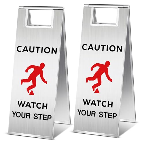 Tandefio 2 Pcs Stainless Steel Caution Watch Your Step Signs 24 Inch Foldable Wet Floor Sign Double Sided Commercial Safety Warning Industrial Warning Mark for Office Hotel Market Restroom Restaurant