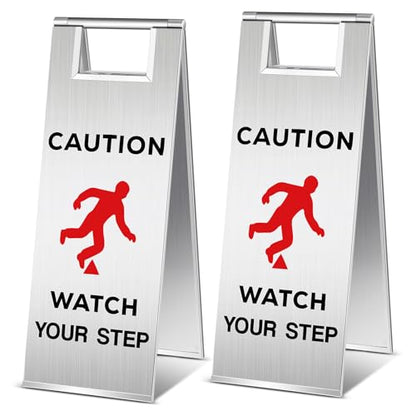 Tandefio 2 Pcs Stainless Steel Caution Watch Your Step Signs 24 Inch Foldable Wet Floor Sign Double Sided Commercial Safety Warning Industrial Warning Mark for Office Hotel Market Restroom Restaurant