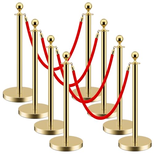 LOVMOR 8 PCS Stainless Steel Stanchion Post Queue 5 ft Red Velvet Rope Red Carpet Ropes and Poles Crowd Control Barriers for Red Carpet Themed Decoration - color: Gold-8pack