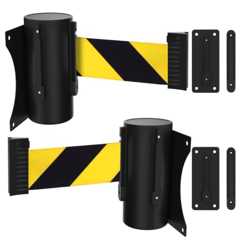 Wall Mount Crowd Control Barriers 2 Pack, TrreZON Fixed Retractable Barrier with Steel Case 10' Black and Yellow Belt for Grocery, Restaurant, Retail Store, Office, Stadium, School - color: Black and Yellow Belt, size: 10‘ - 2 Pack