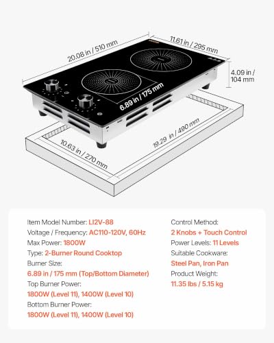 VEVOR 12 Inch Induction Cooktop 2 Burners,Built-in Electric Stove Top,Knob Control,Ceramic Glass Surface,Low-Power Continuous Heating,11 Power Levels,Child Lock,1800W,110V No Plug - size: 12IN-knob