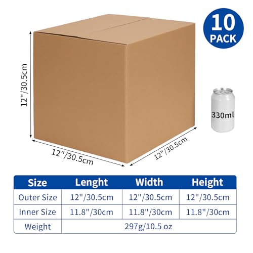 CRUGLA 12x12x12 Shipping Boxes 10 Pack, Brown Corrugated Cardboard Boxes with Side-Lock and Pre-Applied Double-Sided Tape, Easy Assemble Packing Mailer Boxes for Small Business Shipping - size: 12x12x12 Inch 10 Pack