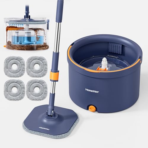 HoMettler Spin Mop and Bucket Set, Mop Bucket with Separate Dirty Water System, Deep-Cleaning Mops for Floors/Wall, Versatile Mops with 4 Microfiber Mop Pads - size: Spin Mop Set with 4 Pads