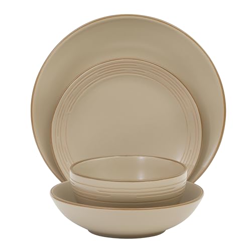 Gibson Home Chiswick House 16-Piece Stoneware Dinnerware Set, Round Plates and Bowls Set for 4, Beige with Wax Relief Embossed Rim Detail, Dishwasher Safe – Dinner Plate, Salad Plate & Cereal Bowl - color: Beige w/ Wax Relief Embossed Rim (Chiswick House)