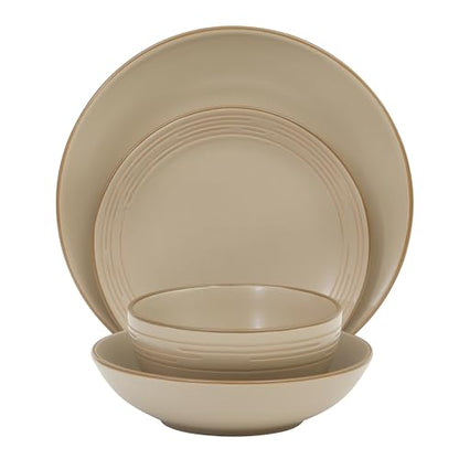 Gibson Home Chiswick House 16-Piece Stoneware Dinnerware Set, Round Plates and Bowls Set for 4, Beige with Wax Relief Embossed Rim Detail, Dishwasher Safe – Dinner Plate, Salad Plate & Cereal Bowl - color: Beige w/ Wax Relief Embossed Rim (Chiswick House)