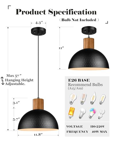 ELYONA 12" Hammered Metal Pendant Light, Rubber Wood Dome Hanging Lamp, Modern Pendant Light Fixtures for Kitchen Island, Bar, Farmhouse Dining Room, Bedroom, Hallway - Black - color: Black - 1 Pack