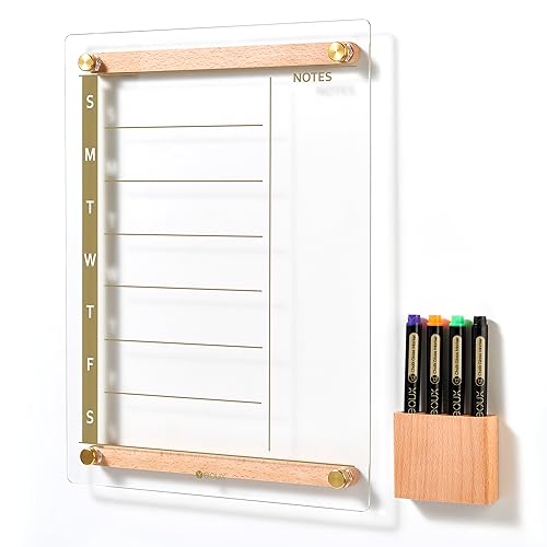 Clear Gold Glass Weekly Dry Erase Calendar Whiteboard with Wood Decoration for Wall, Menu & Meal Planner White Board for Home Kitchen, 15x11, Wood Marker Holder and 4 Markers Included, Yeoux - color: Clear Gold, size: 11"W x 15"H