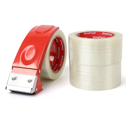 Strapping Tape with Dispenser, 3 Pack 2 Inch x 30 Yards 5.5 Mil, Heavy Duty Reinforced Fiberglass Tape for Moving,Shipping,Storage