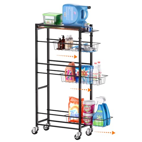 4 Tier Slim Rolling Storage Cart with Pull-Out Baskets, Narrow Sliding Storage Slim Laundry Rolling Cart Between Washer and Dryer - color: Black