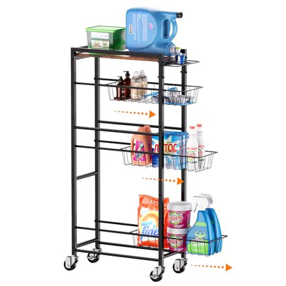 4 Tier Slim Rolling Storage Cart with Pull-Out Baskets, Narrow Sliding Storage Slim Laundry Rolling Cart Between Washer and Dryer - color: Black