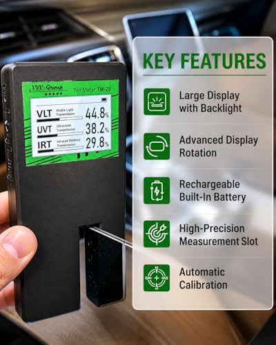 Tint Meter TM-28 – Digital Window Tint Tester with 3-in-1 VLT, UVR & IRR Measurement, 15mm (0.56in) Slot, Auto Calibration, Rotatable Backlit Display, Rechargeable Battery