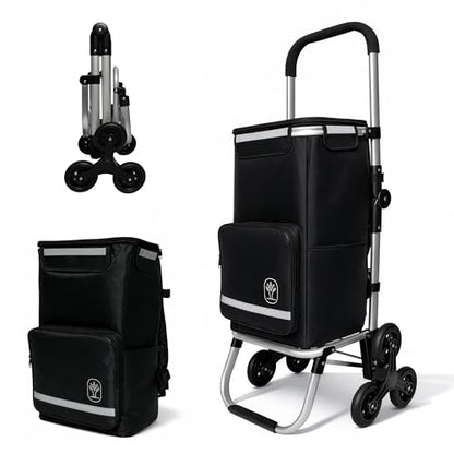 Foldable Stair Climbing Shopping Cart with Wheels – 3-in-1 Grocery Trolley, Backpack & Hand Truck – Lightweight Aluminum Frame, Waterproof Insulated Bag, Side Pockets – Cart for Groceries & Laundry