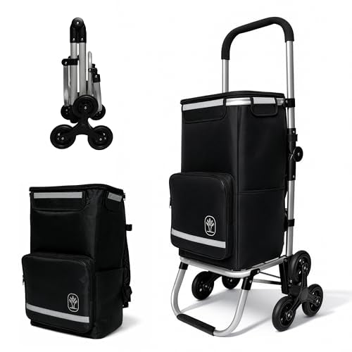 Foldable Stair Climbing Shopping Cart with Wheels – 3-in-1 Grocery Trolley, Backpack & Hand Truck – Lightweight Aluminum Frame, Waterproof Insulated Bag, Side Pockets – Cart for Groceries & Laundry
