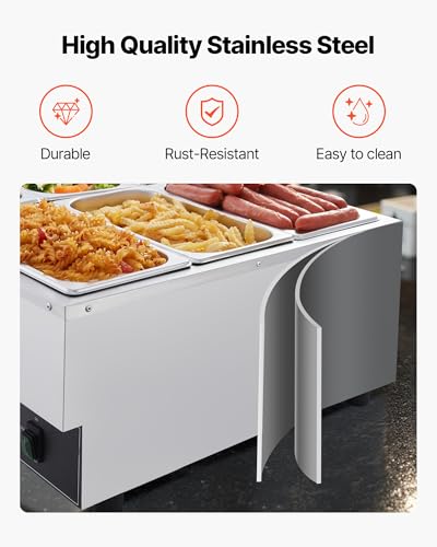VEVOR Commercial Food Warmer, 1500W Electric Stainless Steel Steam Food Warming with Lid, Fast Heating Countertop Buffet Bain Marie with Six 1/3 Size Food Pans, for Catering, Restaurant and Party - size: 6*1/3Pan;15CM Depth