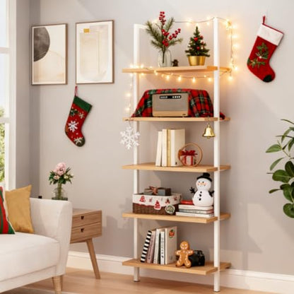 Karl home Oak 5 Tier Wall Mount Ladder Shelf, Metal Frame Open Bookcase - color: Oak