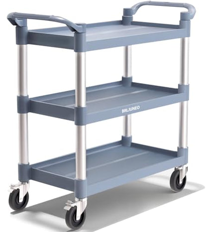 Plastic Utility Carts with Wheels, 3-Tier Medium Size Restaurant Food Cart, Heavy Duty 510lbs Capacity Rolling Service Cart w/Hammer for Commercial, Kitchen, Office (Lockable Wheels, M-Grey)