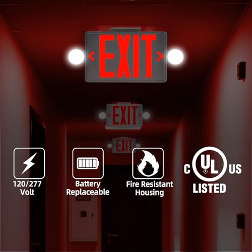 Red LED Exit Sign Emergency Light Combo UL, 2 Pack - color: White Housing+Red Letter+Light, size: 2 Pack