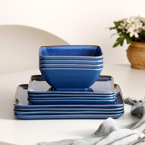 Melamine Dinnerware Set, 12-Piece Blue Square Plates and Bowls for 4