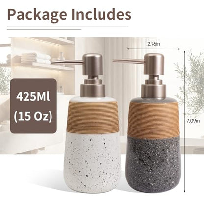 2 Pcs Ceramic Soap Dispenser Set, 15 Oz Refillable Liquid Soap Dispensers with Embossed Texture for Bathroom Countertop and Kitchen Sink, Hand Soap, Dish Soap & Lotion Bottles, Modern Home Decor - size: 2 x 15 Oz Soap Dispenser