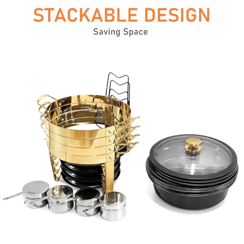 ROVSUN 6QT Chafing Dishes for Buffet 4 Pack, [Game Changer Maifanite-Coated] Chafing Dish Buffet Set, [Unique Black & Gold Color] Chafers and Buffet Warmers Sets with Lid Holder for Party Wedding - color: Black-gold