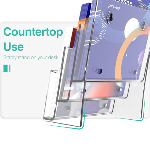 Brochure Holder 6x8 Inch 3 Tier Acrylic Literature Holders Clear Plastic Flyer Display Stand Countertop Use or Wall Mount Pamphlet Holder Organizer for Office, Lobby, Hotel, Trade Show, 1 Pack