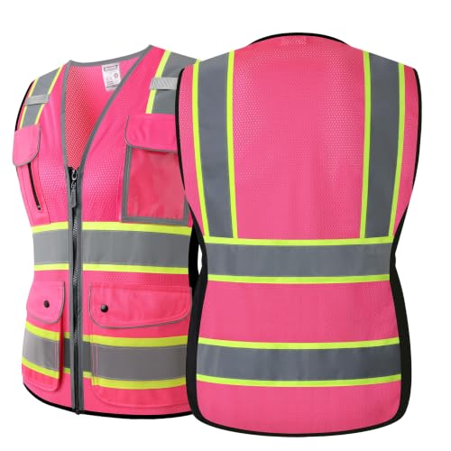 High Visibility Reflection Pink Mesh Safety Vests with 8 Pockets and Front Zipper, hi vis safety vest for Women(Pink-16,Small) - color: Pink, size: Small