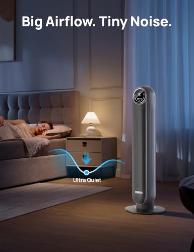 DREO Tower Fan for Bedroom, 25ft/s Velocity, 28dB Ultra Quiet, 4 Speeds - color: Grey, size: 36 inch