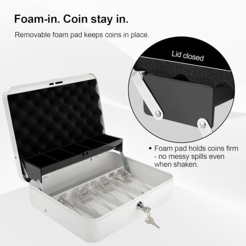 Jssmst Metal Cash Box with Money Tray and Lock, Portable Cash Drawer, 11.8" - color: White Key