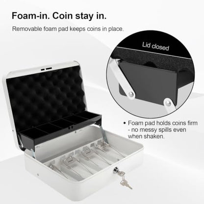 Jssmst Metal Cash Box with Money Tray and Lock, Portable Cash Drawer, 11.8" - color: White Key