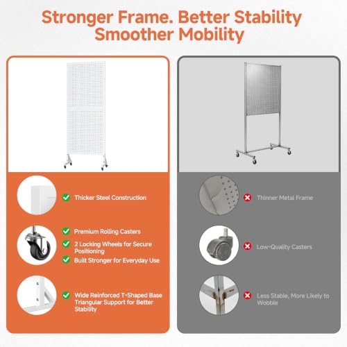 Peg Board Display Stand with Wheels,50 Hooks,2'x 5.5'-White - color: White